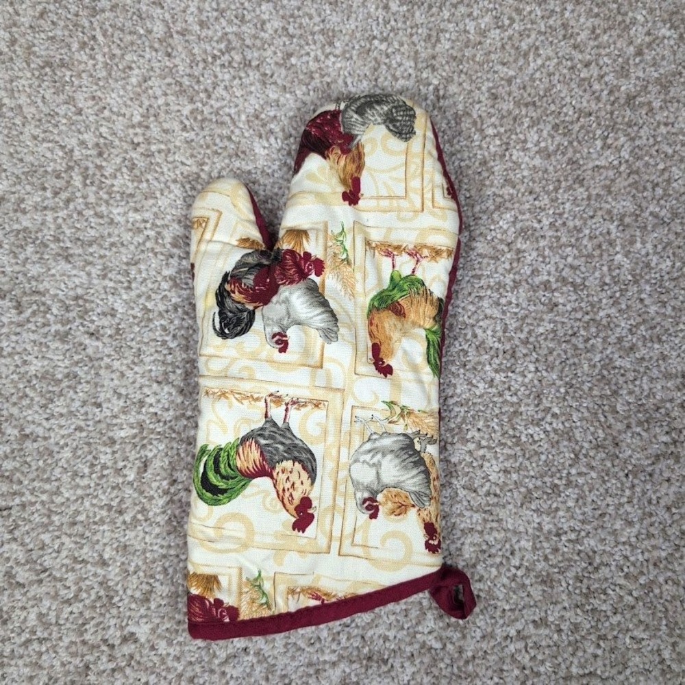 Rooster Farmhouse Kitchen Oven Mitt Pot Holder Quilted Cotton Burgundy Red